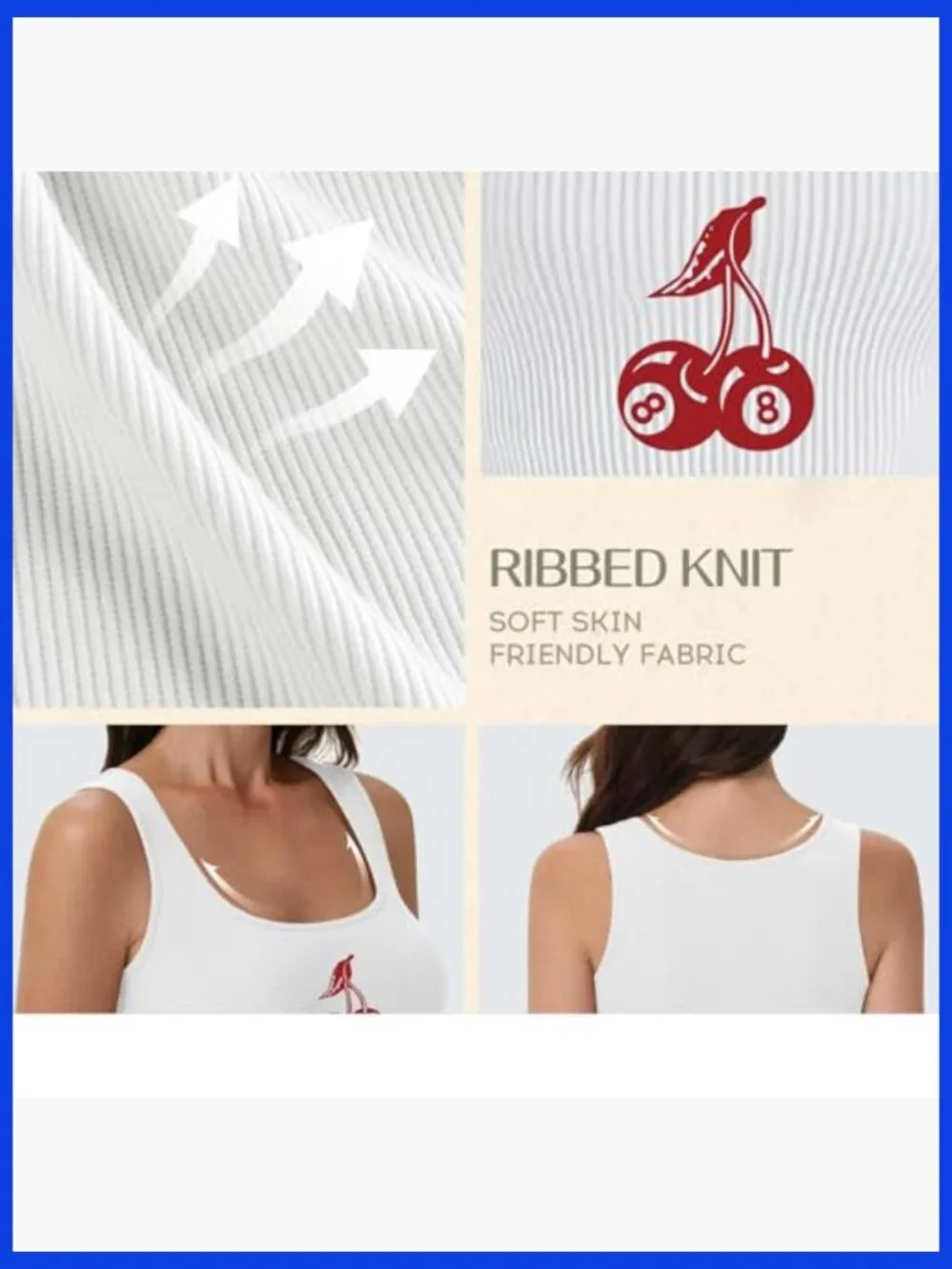 Cherry 8-Ball Graphic Ribbed Cropped Tank Top, Sleeveless Y2K Summer Tee - Picture 6 of 7